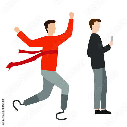 Set of flat cartoon characters isolated with man with phone, man with prosthetic leg