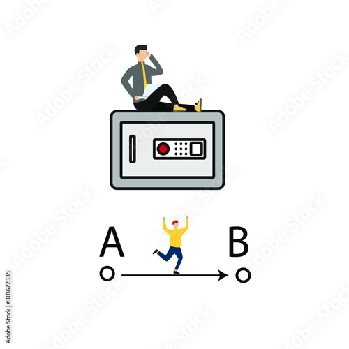 Set of flat cartoon characters isolated with man and safe, man runs from point A to point B