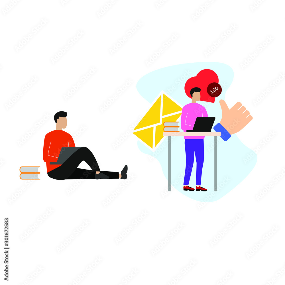 Set of flat cartoon character with man sitting with laptop, man stands behind steel with laptop.