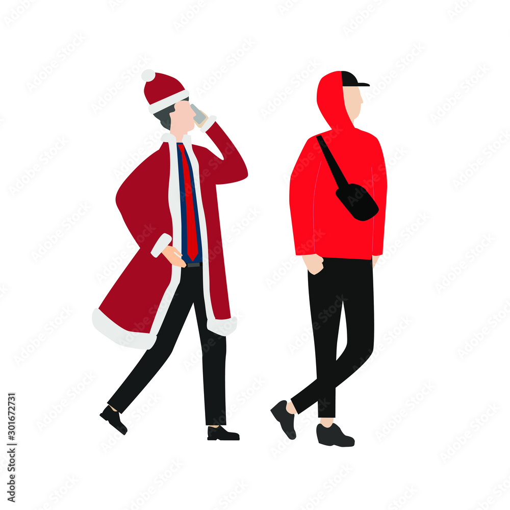 Set of flat cartoon character with man in santa claus costume, young man with bag Set of flat cartoon character with man in santa claus costume, young man with bag