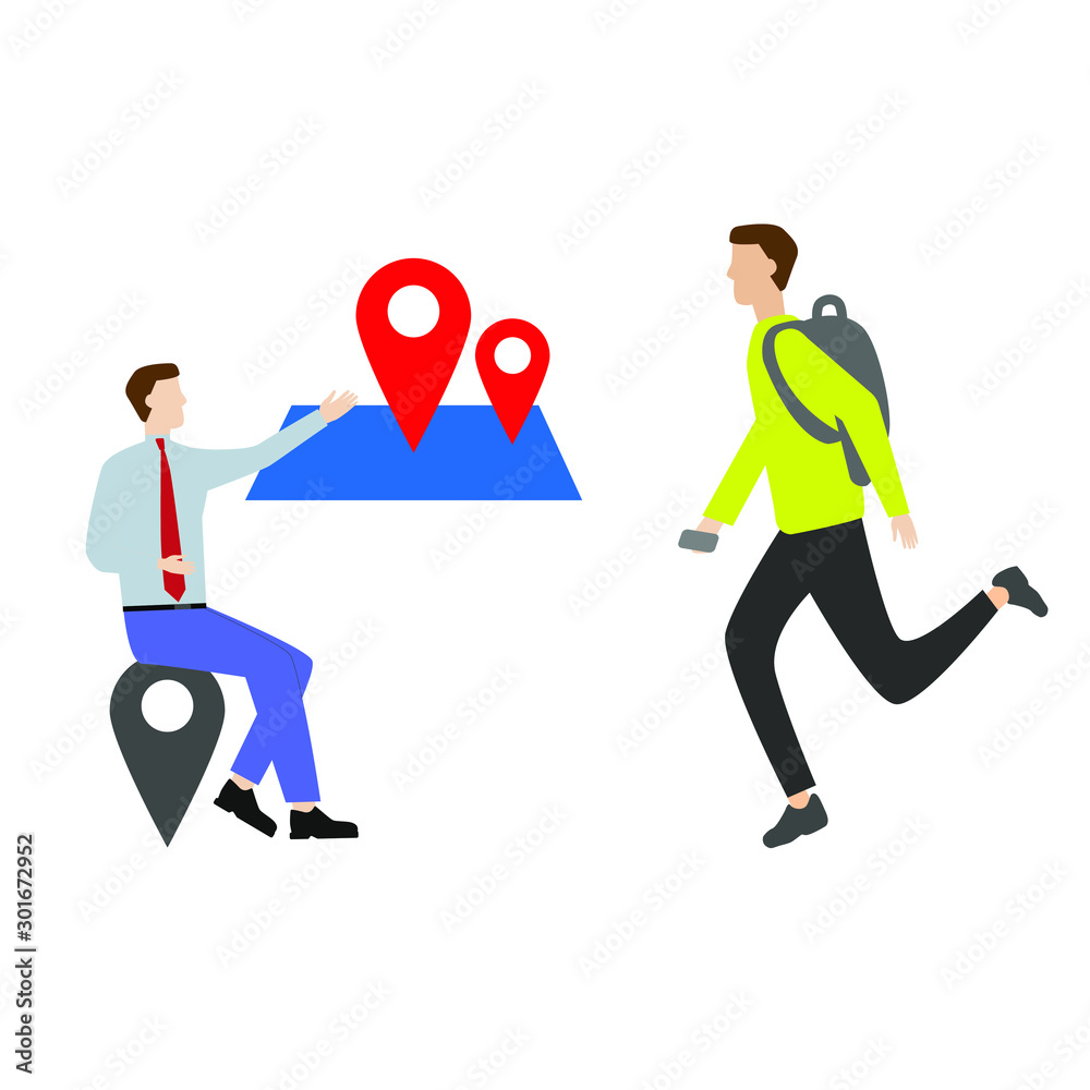 Set of flat cartoon character with man and location sign, man is running Set of flat cartoon character with man and location sign, man is running