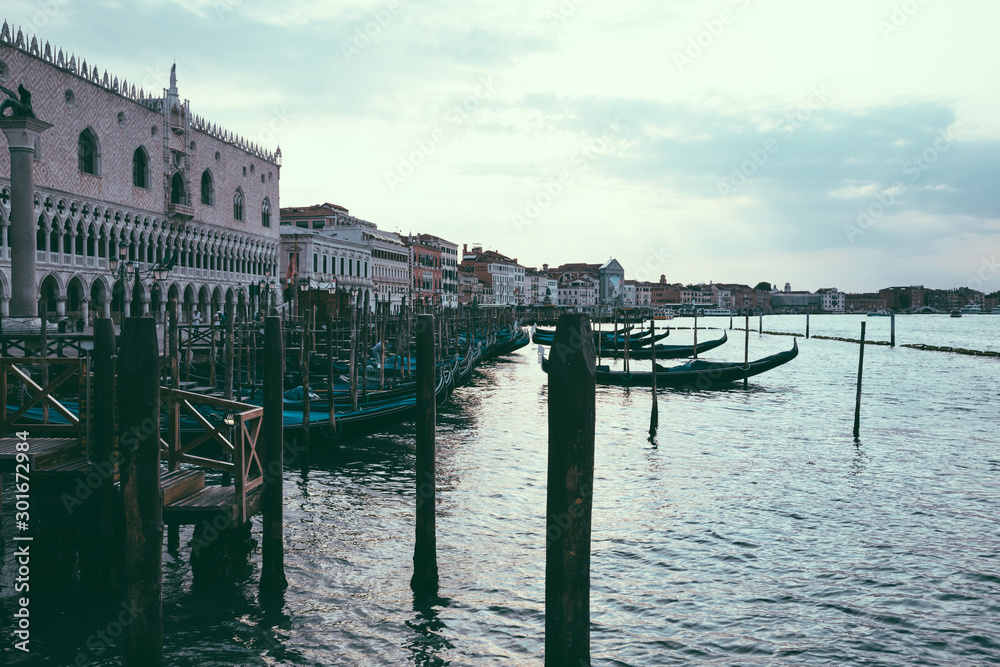 Panoramic view of Laguna Veneta coast of Venice city with gondolas