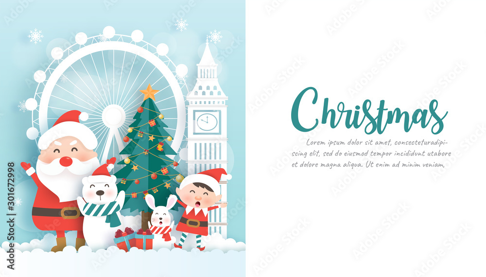 Merry Christmas , Christmas celebrations with Santa and cute animals  for Christmas card, Christmas background  and banner in paper cut and craft style .
