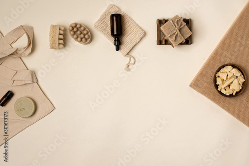 eco-friendly zero waste natural body care Stationery set top down shot with neutral background