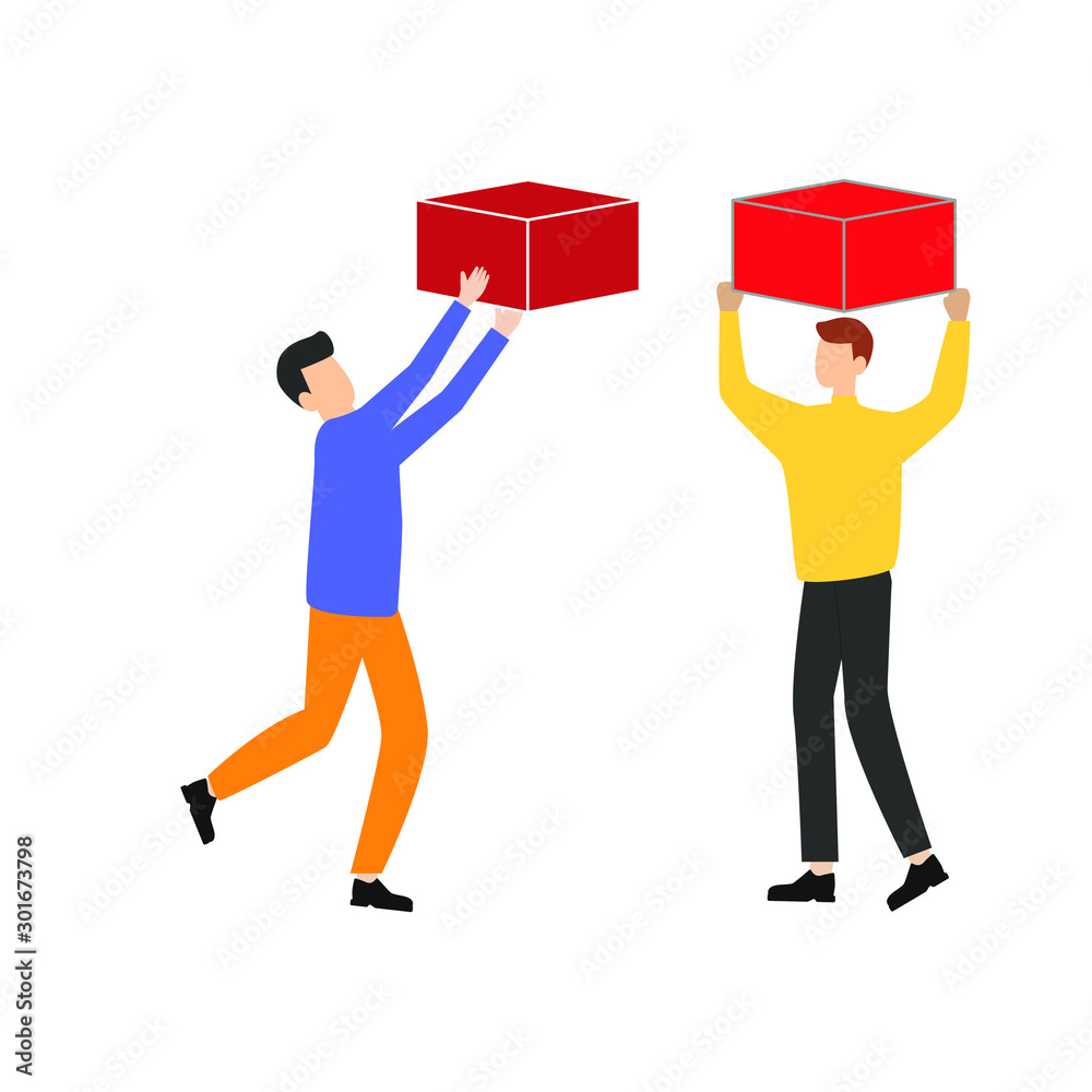 Set of flat cartoon character isolated with two people with boxes Set of flat cartoon character isolated with two people with boxes