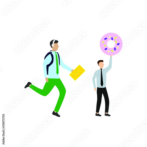 Set of flat cartoon character isolated with man running with a briefcase, man and donut