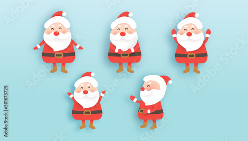 Set of cute Santa in paper cut and craft style .