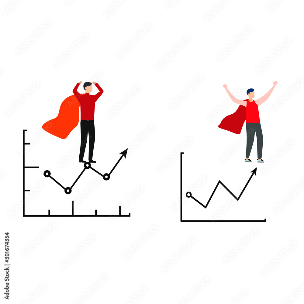 Set of flat cartoon characters isolated with man in superhero cape and financial graph Set of flat cartoon characters isolated with man in superhero cape and financial graph