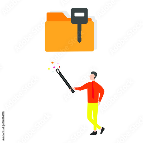  Set of flat cartoon characters isolated with folder and key, man with magic wand
