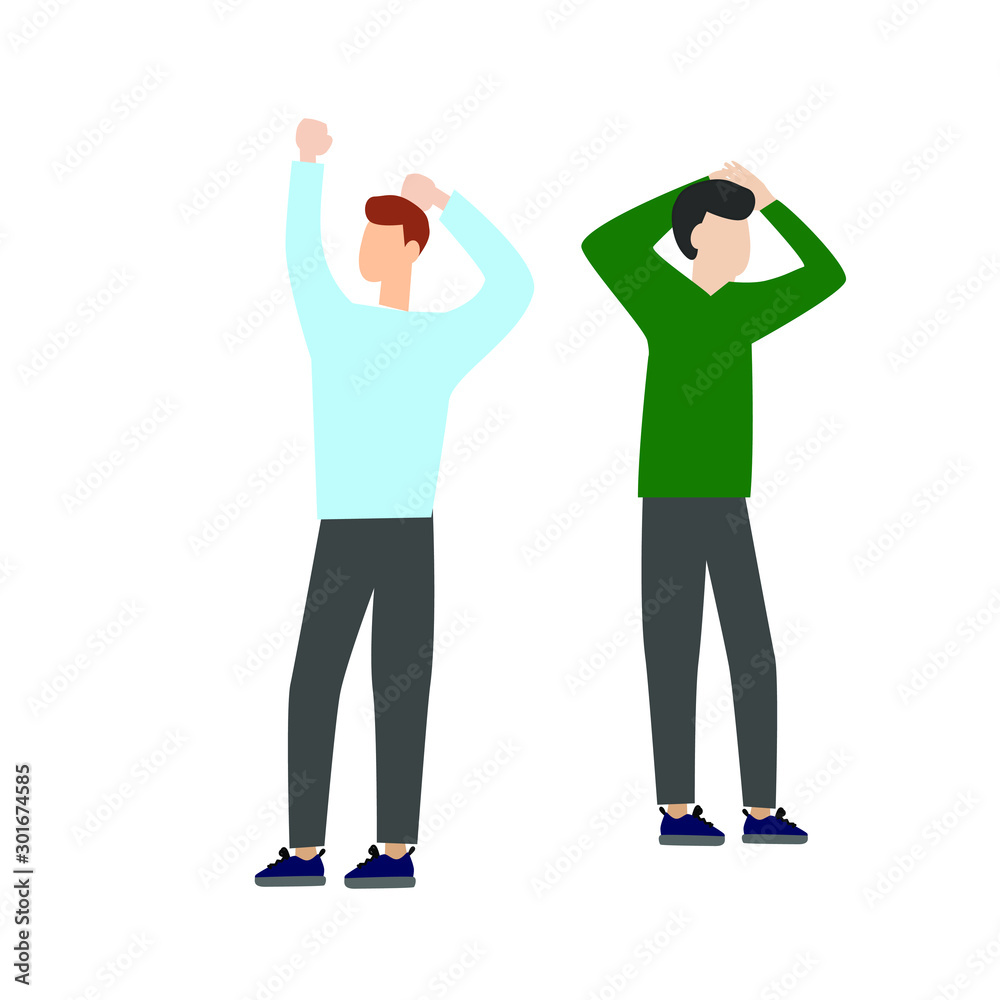 Set of flat cartoon character isolated with two people standing hands behind head