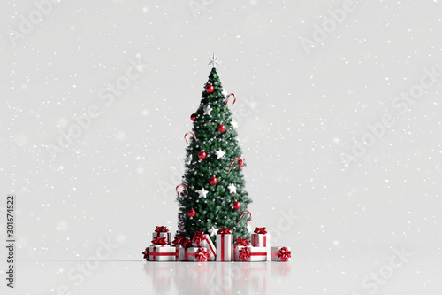 Falling snow and christmas tree with gift box on white background. 3d rendering