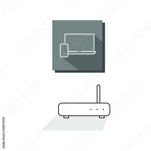 Set of simple icons with laptop with smartphone and router