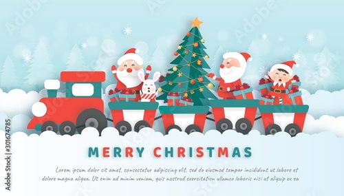 Merry Christmas , Christmas celebrations with Santa and cute animals  for Christmas card, Christmas background  and banner in paper cut and craft style .