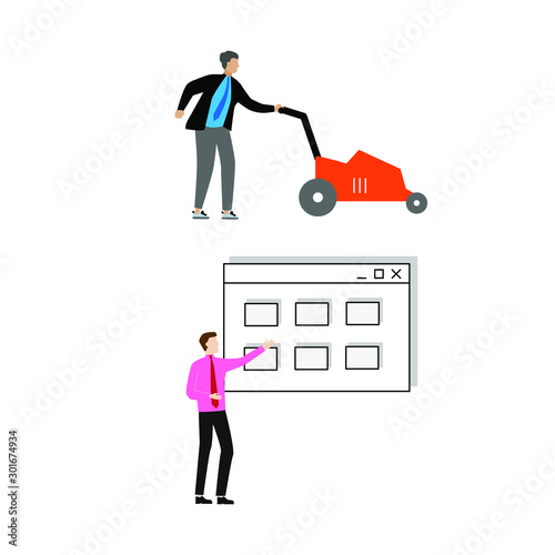 Set of flat cartoon character isolated with man and lawn mower, man and browser
