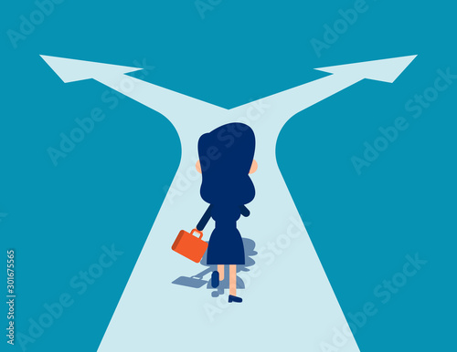 Woaman running on crossroads. Choice and Direction concept. Cute business cartoon in vector design.Man running on crossroads. Choice and Direction concept. Cute business cartoon in vector design.