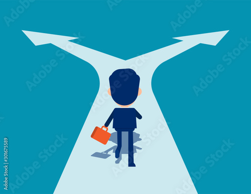 Man running on crossroads. Choice and Direction concept. Cute business cartoon in vector design.