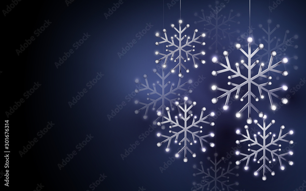 Merry Christmas and Happy New Year banner. Abstract silver snowflakes on dark purple background. Paper art and craft design. Space for your design