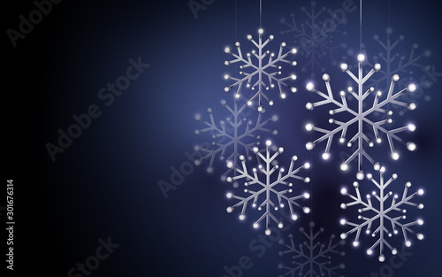 Merry Christmas and Happy New Year banner. Abstract silver snowflakes on dark purple background. Paper art and craft design. Space for your design