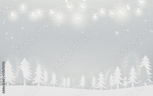 Merry Christmas and Happy New Year banner. winter landscape and snowflakes, christmas trees background. Paper art and craft design. White background © pickup