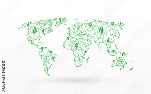 World map with Eco green & save the world concept form lines, triangles and particle style design. Illustration vector