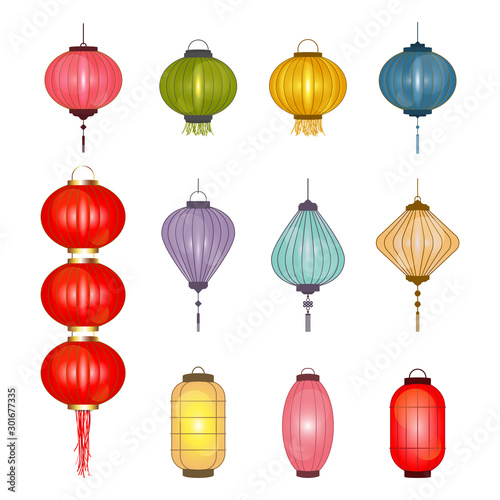 Set of colorful Chinese lanterns isolated on white background. Chinese lanterns in cartoon style design element for Asian New Year, Lantern festival other holidays. Vector illustration.