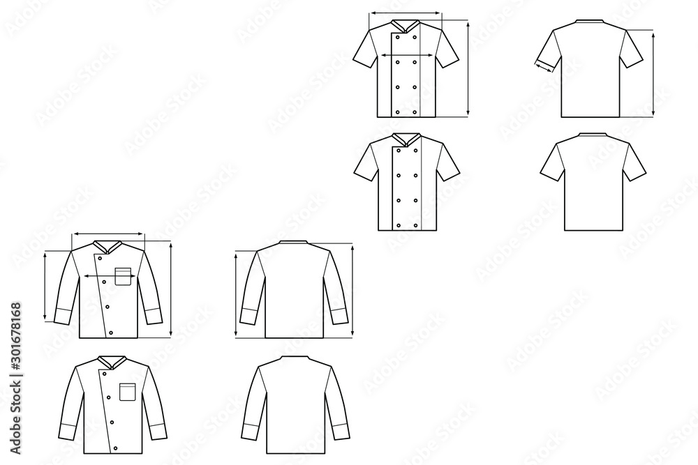 Vector illustration with chef shirts with buttons, sizes and pattern of chef shirts Vector illustration with chef shirts with buttons, sizes and pattern of chef shirts