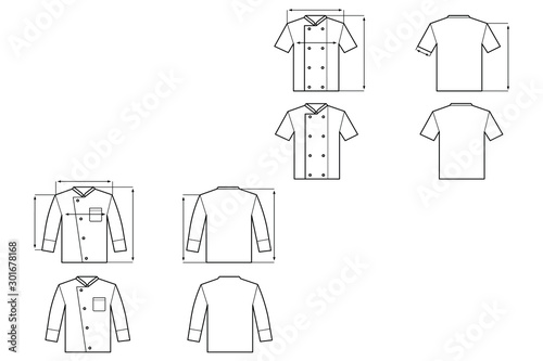 Vector illustration with chef shirts with buttons, sizes and pattern of chef shirts