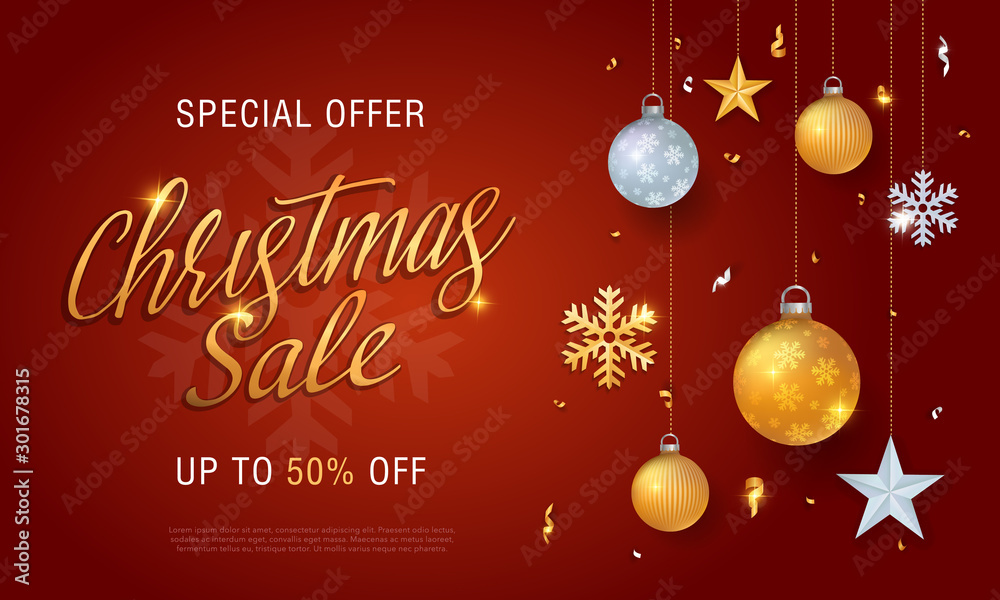 Naklejka premium Christmas sale banner red background template with glitter gold elements, snowflakes, gift boxes, stars