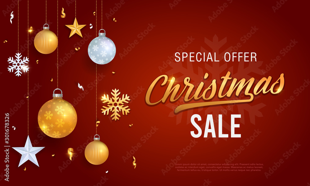Christmas sale banner red background template with glitter gold elements, snowflakes, gift boxes, stars