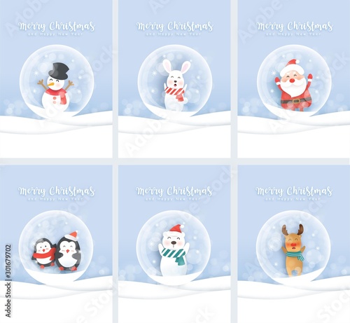 Set of Christmas greeting cards with Santa and  cute animals  in paper cut and craft style . 