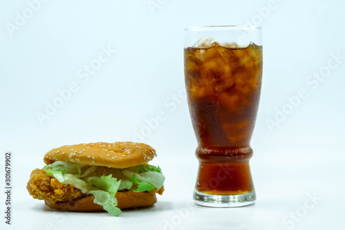 Homemade Fried Chicken Burger and A Glass of Cola Drinks Isolate on White Background 