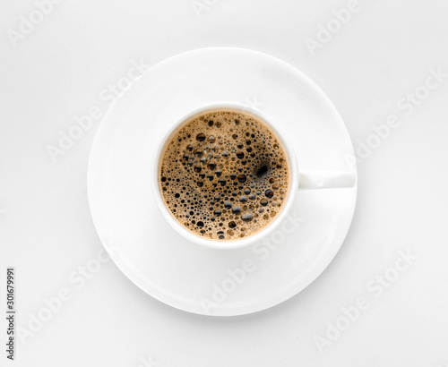 Cup of hot coffee on white background