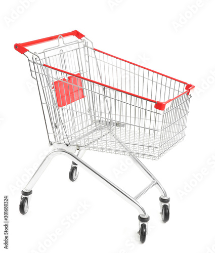 Empty shopping cart on white background