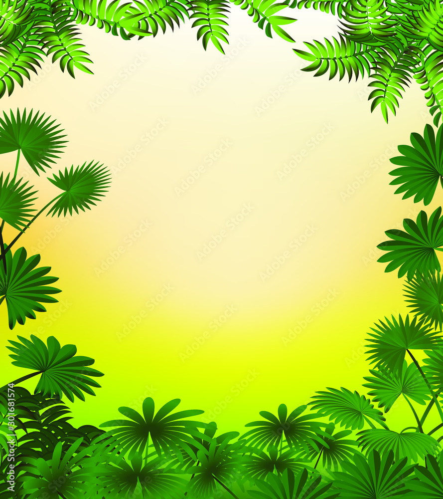 Vector illustration tropical forest jungle leaf frame light through branches and leaves