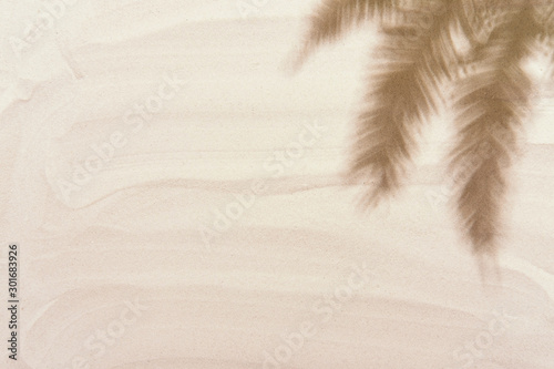 Fototapeta Naklejka Na Ścianę i Meble -  Tropical palm tree leaves shadows on the golden white sand