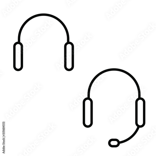  Set of simple icons with earphones and headphones with microphone.