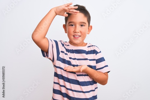 Beautiful kid boy wearing casual striped t-shirt standing over isolated white background gesturing with hands showing big and large size sign, measure symbol. Smiling looking at the camera