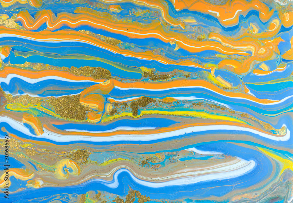 Mixed paint strips texture. Orange and blue ink background Mixed paint strips texture. Orange and blue ink background