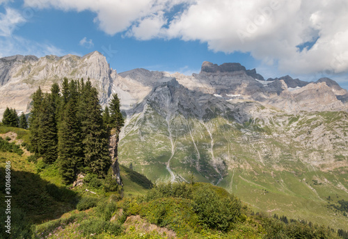 mountain range in Glarus Alps in Switzerland with blue sky and copy space