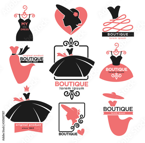 Female clothes shop or fashion boutique isolated icons