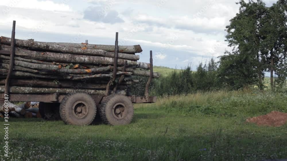 A machine loaded with long logs. Winter heating concept A machine loaded with long logs. Winter heating concept