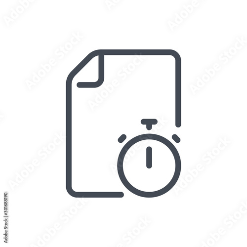 File tracking line icon. Document with stopwatch vector outline sign.