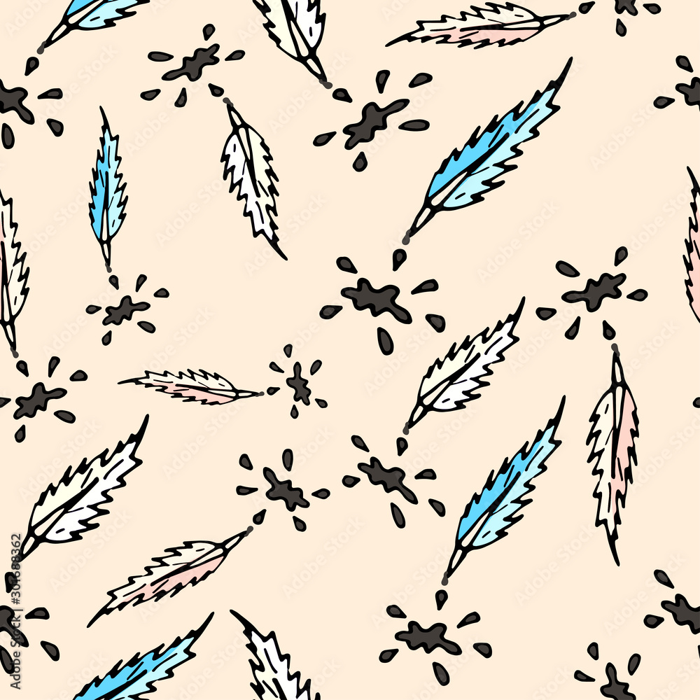 Obraz premium Seamless pattern with feather elements and ink blots of different colors. Vector doodles hand-drawn.