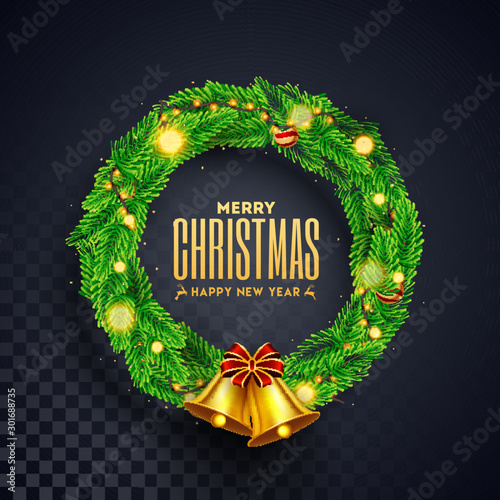 Christmas wreath with golden jingle bell on black transparent background for Merry Christmas & Happy New Year celebration.