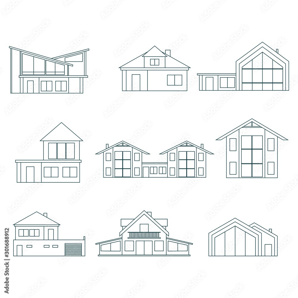 Illustration of home outline icons. House silhouettes in thin line style. Real estate business and game application design illustration