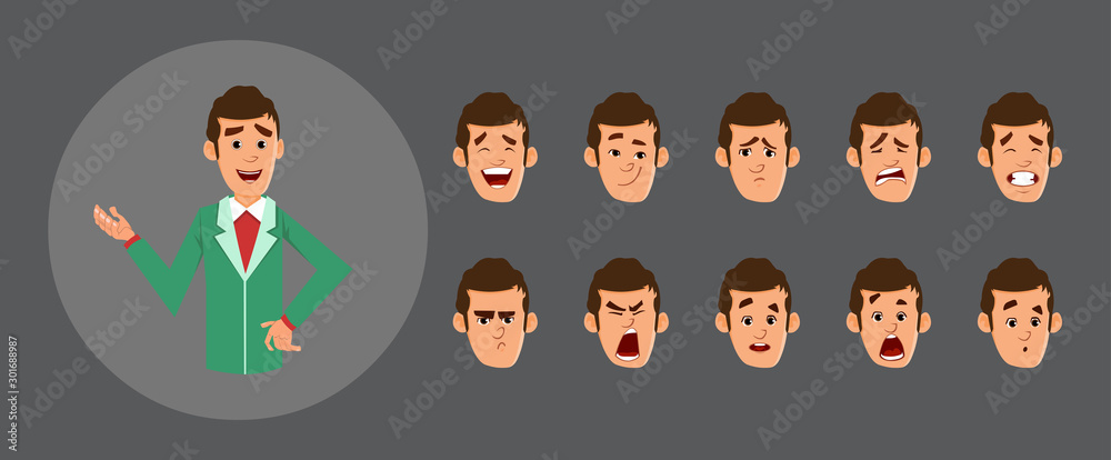 cute businessman avatar with various facial emotions and lip sync. character for custom animation. cute businessman avatar with various facial emotions and lip sync. character for custom animation.