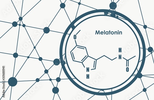 Melatonin hormone chemical molecular formula. In humans, it plays a role in circadian rhythm synchronization. Stylized conventional skeletal formula. Connected lines with dots background