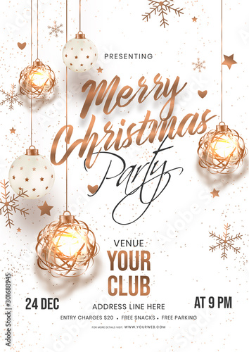 Merry Christmas Party invitation card design with hanging baubles, stars and snowflakes decorated on white background with venue details.