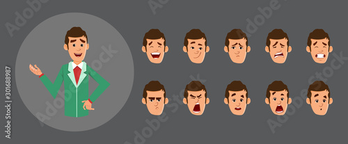 cute businessman avatar with various facial emotions and lip sync. character for custom animation.