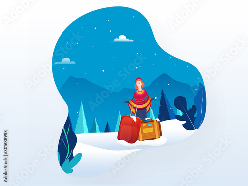 Tourist young girl enjoying snowfall with luggage bag on nature landscape background for Winter Vacation.